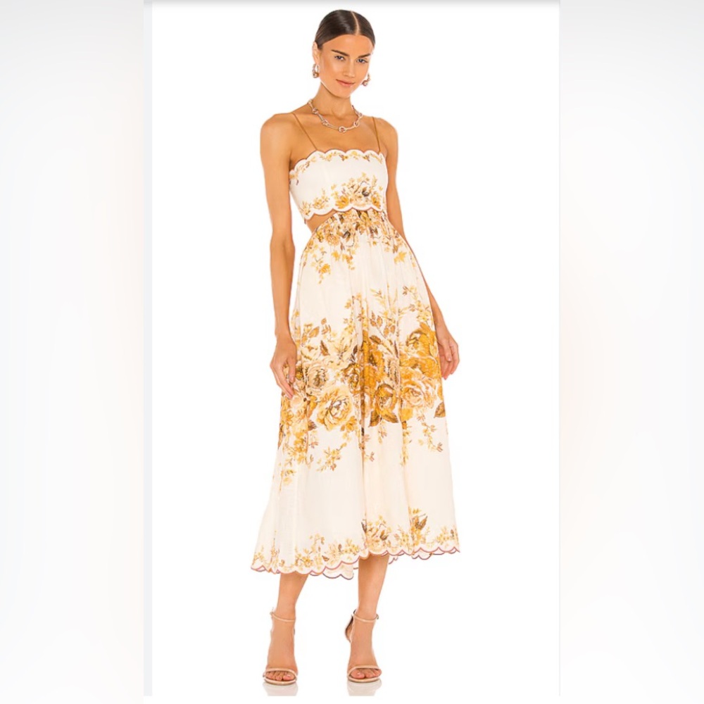 Zimmermann Aliane Scallop Midi Dress in Amber Floral